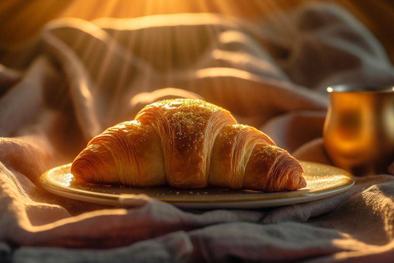 background cup breakfast drink bakery morning table wood background croissant food bokeh. Generative AI.