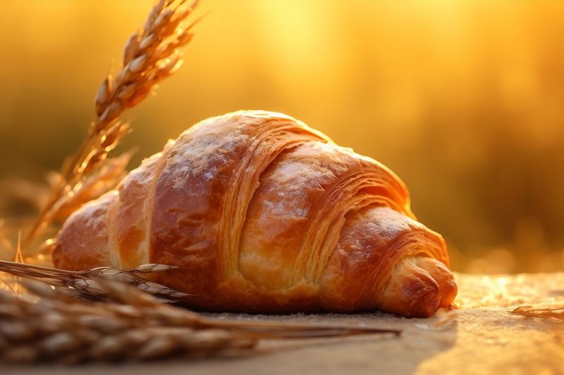 drink breakfast background table croissant bakery food background morning bokeh space copy cup. Generative AI.