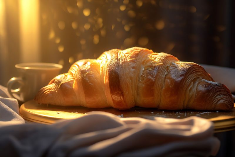 french bakery food bokeh croissant breakfast background table cup drink morning background. Generative AI.