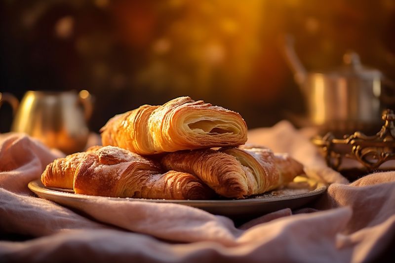 breakfast drink bakery croissant background bokeh food morning sweet table background cup. Generative AI.