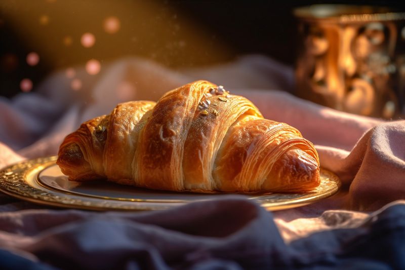 cup drink france table food background bokeh bakery morning background croissant breakfast. Generative AI.