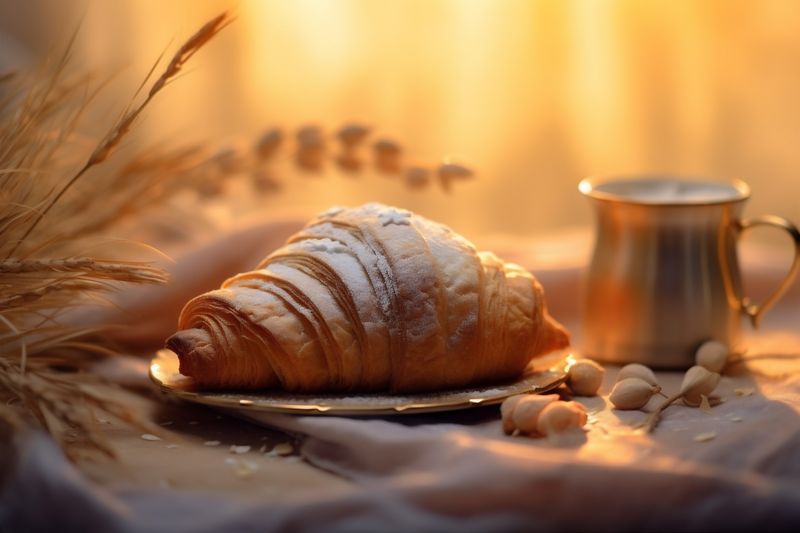 croissant morning bokeh food france cup background breakfast bakery table drink background. Generative AI.