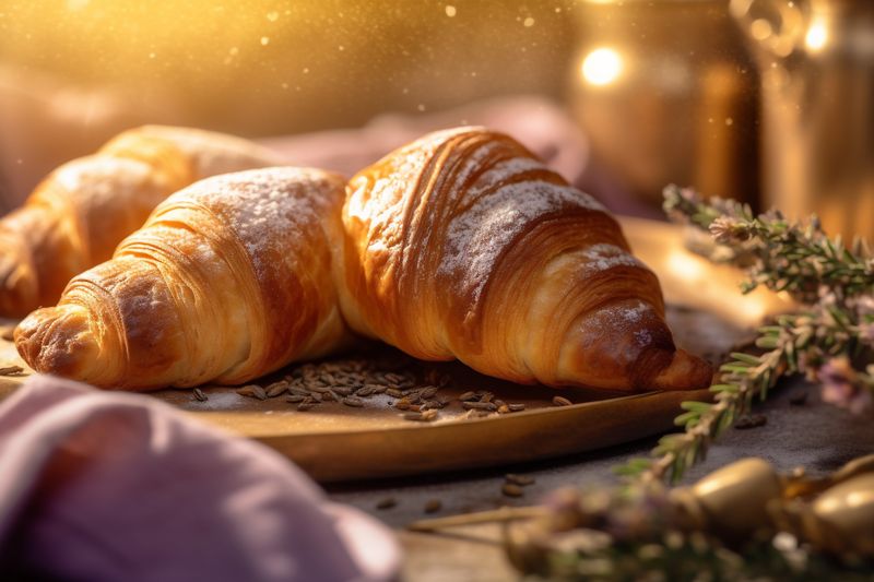 background background drink morning bokeh cup food croissant meal bakery table breakfast. Generative AI.