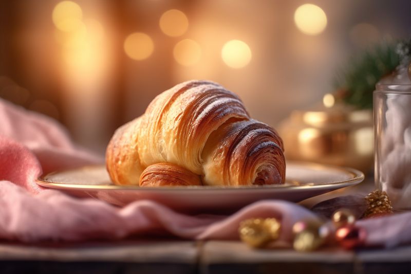 table breakfast croissant cup drink bokeh background food background morning bakery dessert. Generative AI.