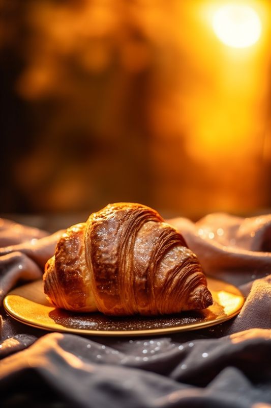 table drink bakery breakfast morning bokeh croissant background eatery food cup background. Generative AI.