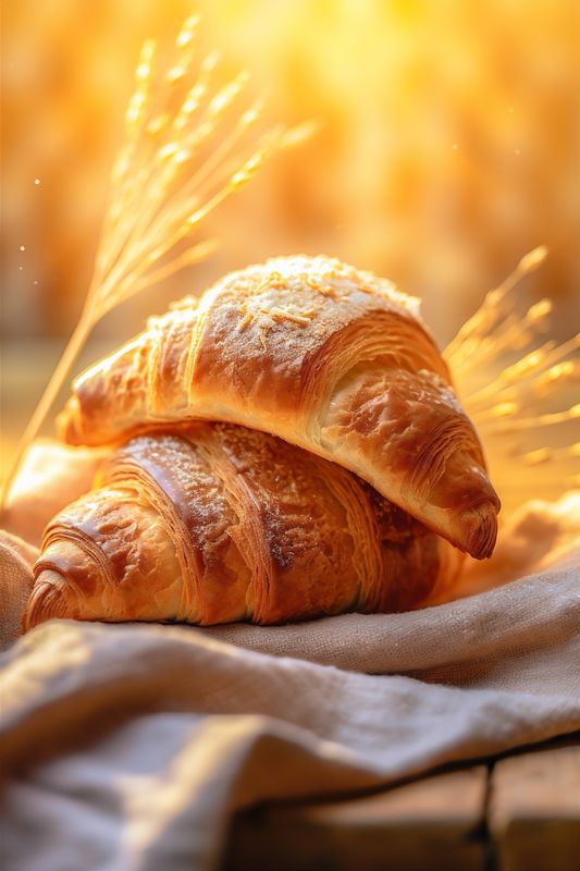 bokeh morning bakery background caffeine cup croissant drink table background food breakfast. Generative AI.