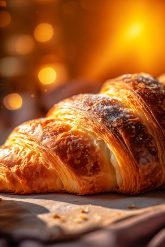 bakery background table breakfast drink food croissant view background bokeh morning cup. Generative AI.