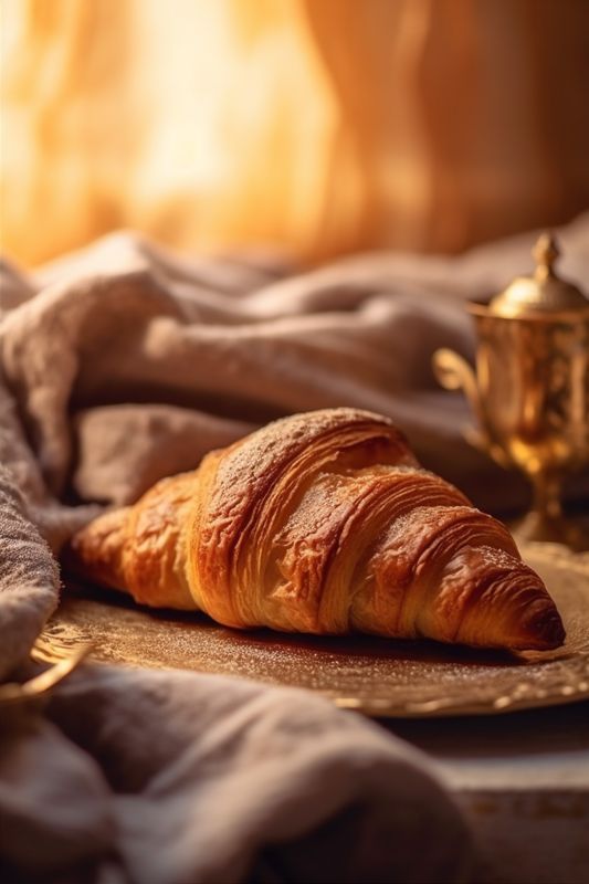 morning food table croissant drink bokeh background caffeine bakery background breakfast cup. Generative AI.