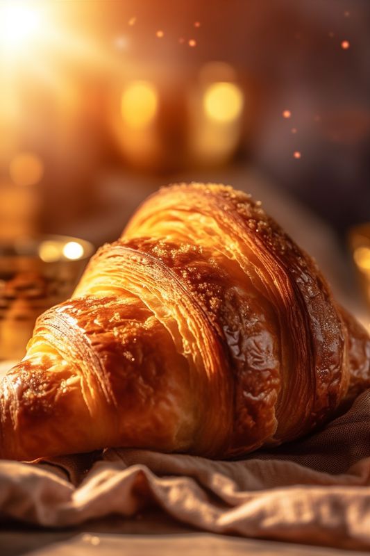 croissant bakery background background food bread bokeh drink cup morning table breakfast. Generative AI.
