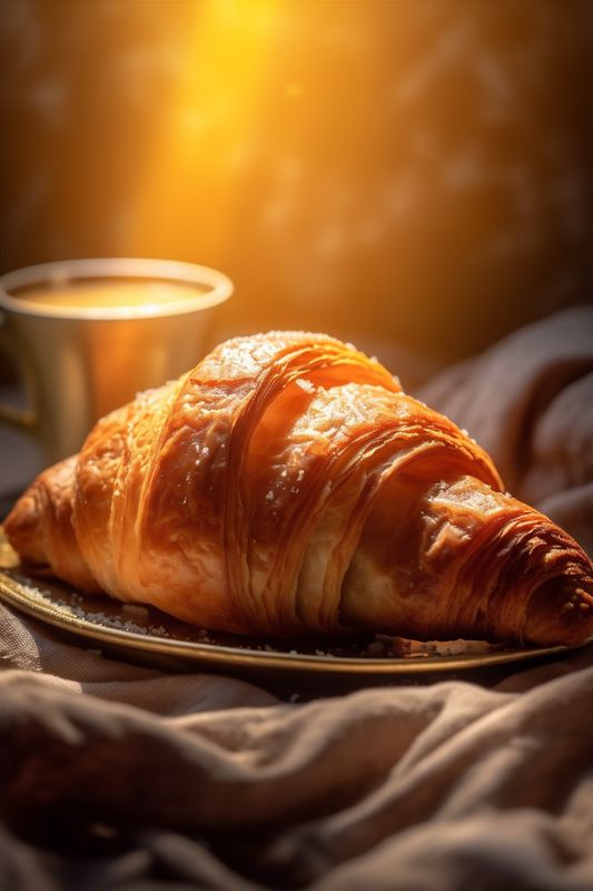 bakery bokeh food background morning croissant table snack breakfast cup drink background. Generative AI.
