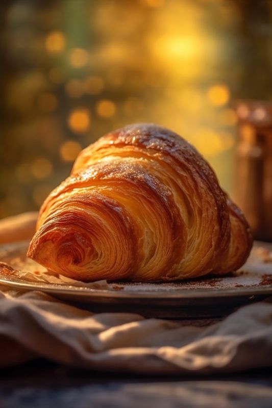 bokeh breakfast morning background drink bakery table sweet croissant cup background food. Generative AI.
