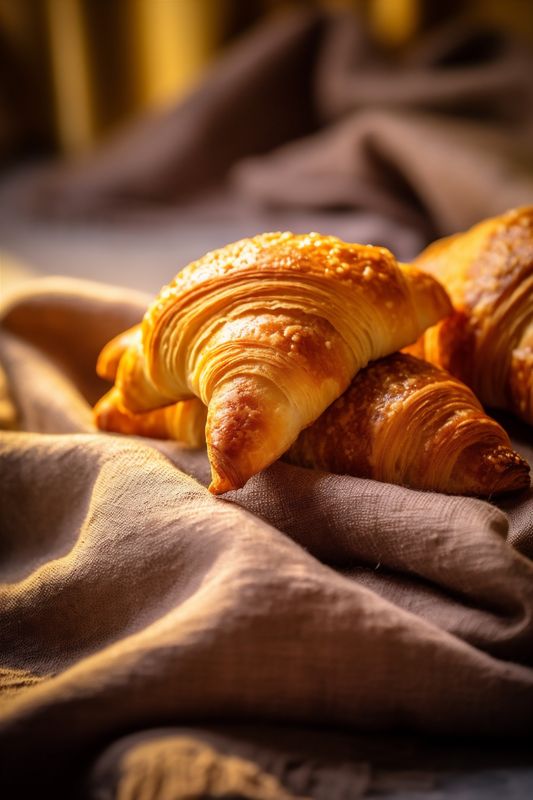 food bokeh croissant dessert background morning cup bakery drink background table breakfast. Generative AI.