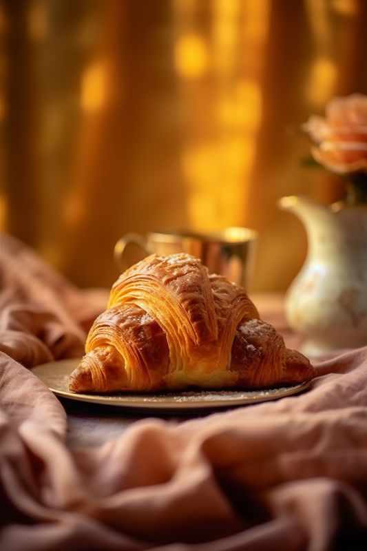 background snack food breakfast bakery drink bokeh croissant table background morning cup. Generative AI.