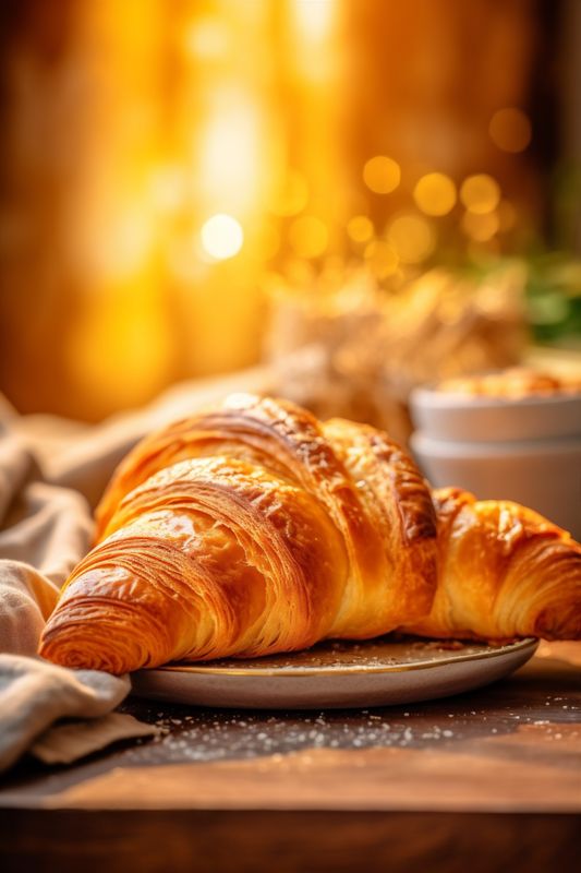 croissant bokeh caffeine food morning cup drink breakfast bakery table background background. Generative AI.