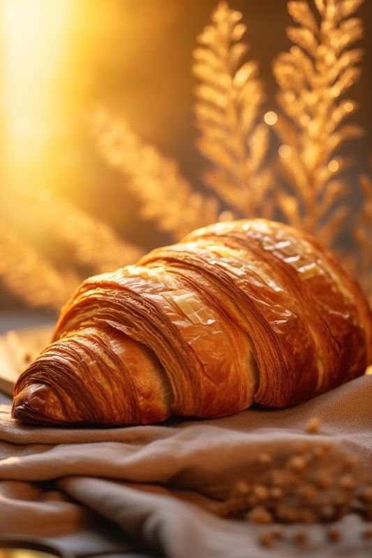 bakery background bokeh drink table drink background morning croissant hot cup food breakfast. Generative AI.