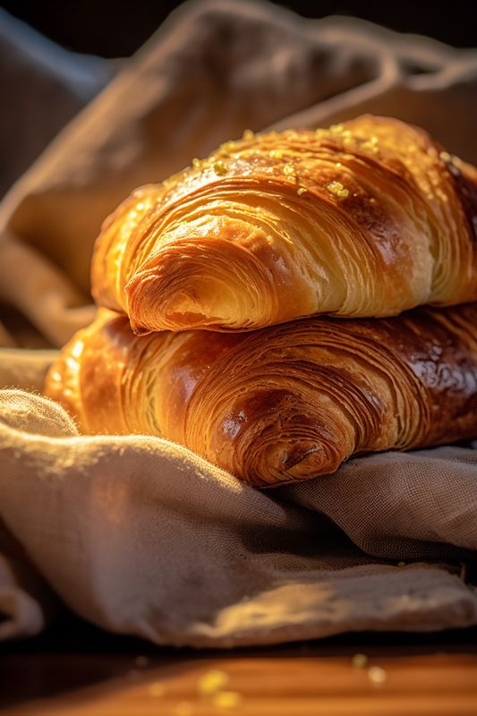 mug drink morning table food bakery breakfast cup background bokeh background croissant. Generative AI.