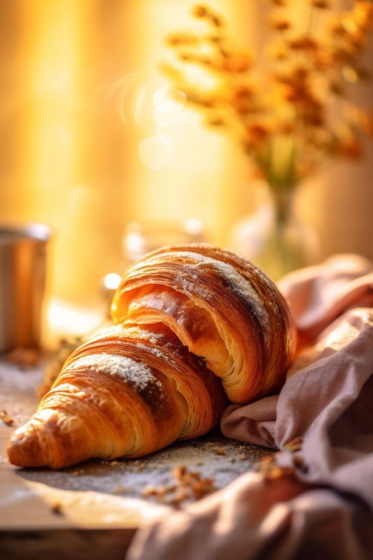 breakfast drink background morning bakery croissant table food eatery cup background bokeh. Generative AI.