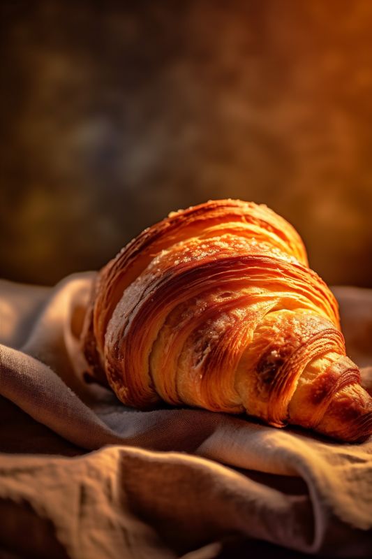 croissant gold background bokeh breakfast cup background table bakery morning drink food. Generative AI.