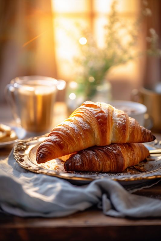 morning background food bakery cup table drink bokeh breakfast background croissant pastry. Generative AI.