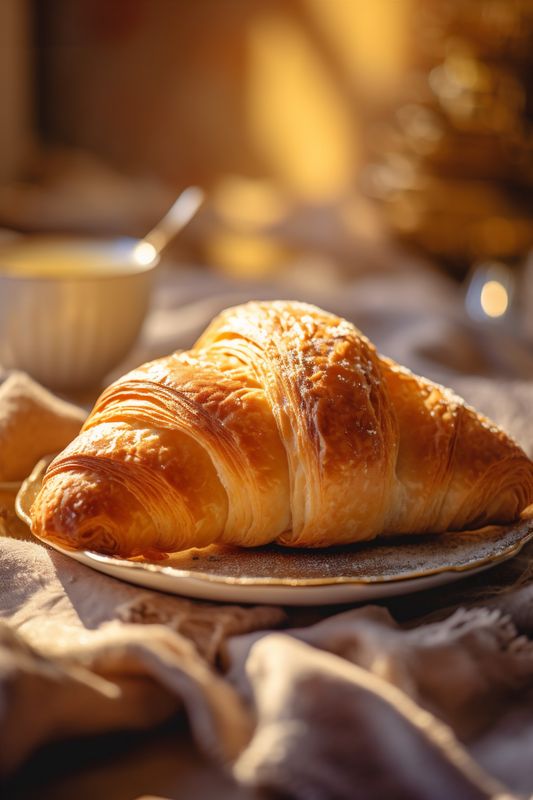 food bokeh mug background cup breakfast background morning drink bakery croissant table. Generative AI.