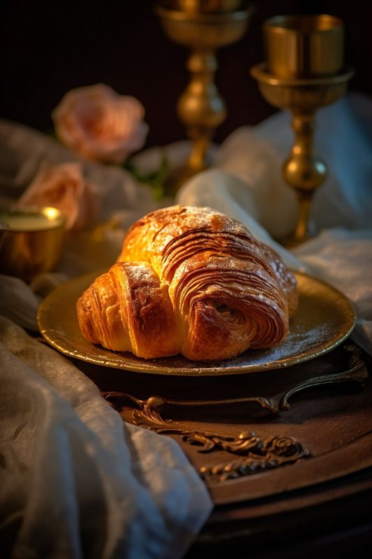 morning background croissant smoke bakery background drink table cup bokeh breakfast food. Generative AI.