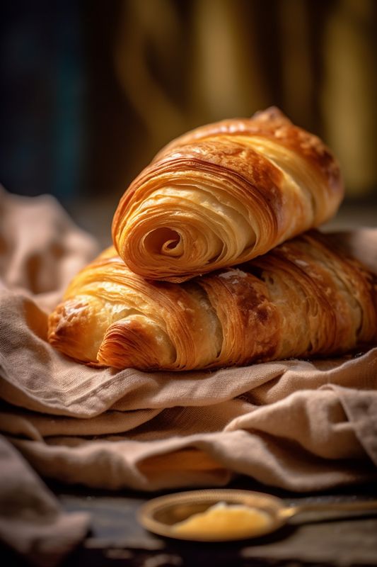 bakery breakfast croissant dessert cup morning food drink background table bokeh background. Generative AI.