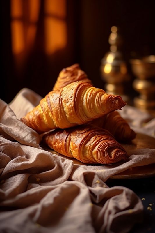 bakery tasty drink bokeh background morning croissant cup table breakfast background food. Generative AI.