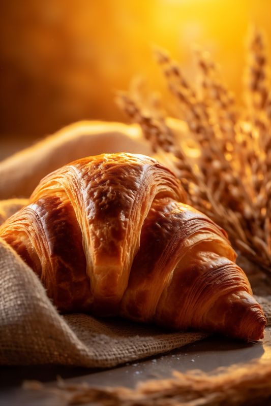 morning drink bakery espresso croissant table cup background breakfast bokeh background food. Generative AI.