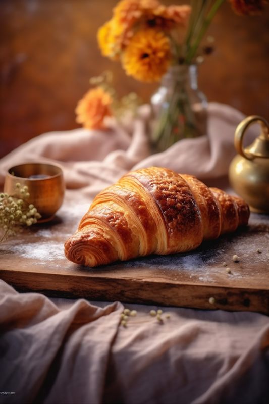 food drink cup morning copy bakery breakfast background bokeh space croissant background table. Generative AI.