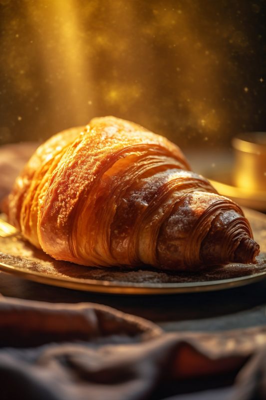bokeh sweet breakfast background food morning bakery drink cup background croissant table. Generative AI.