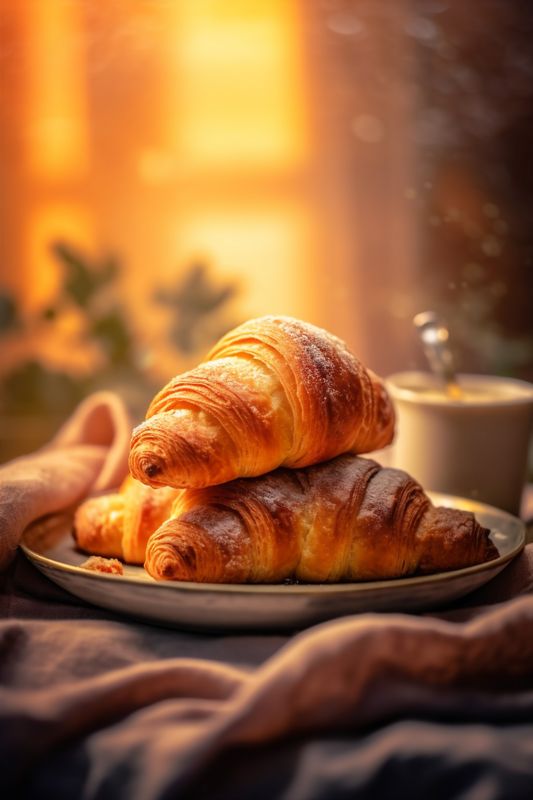 background drink cup bokeh croissant food cappuccino background morning bakery table breakfast. Generative AI.