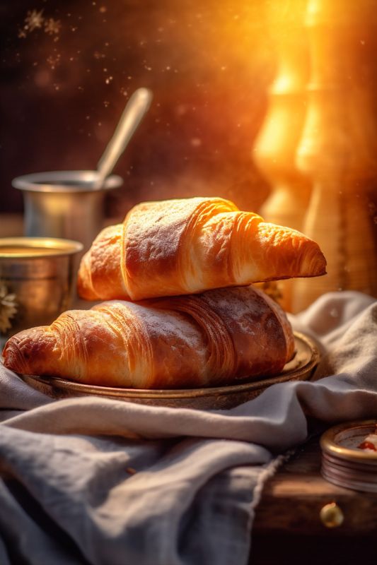 morning croissant drink bokeh breakfast fresh background food table bakery cup background. Generative AI.