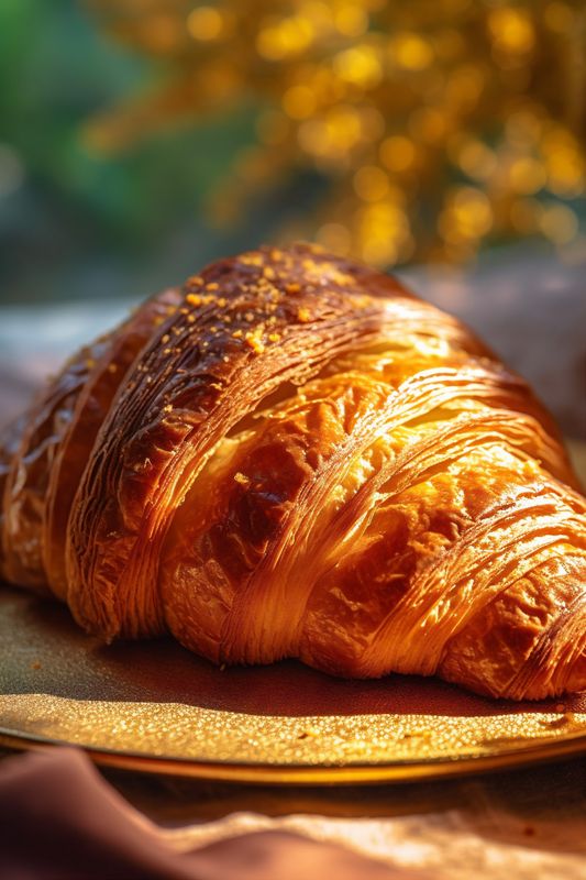 morning croissant background table background bakery cup bokeh drink food brown breakfast. Generative AI.