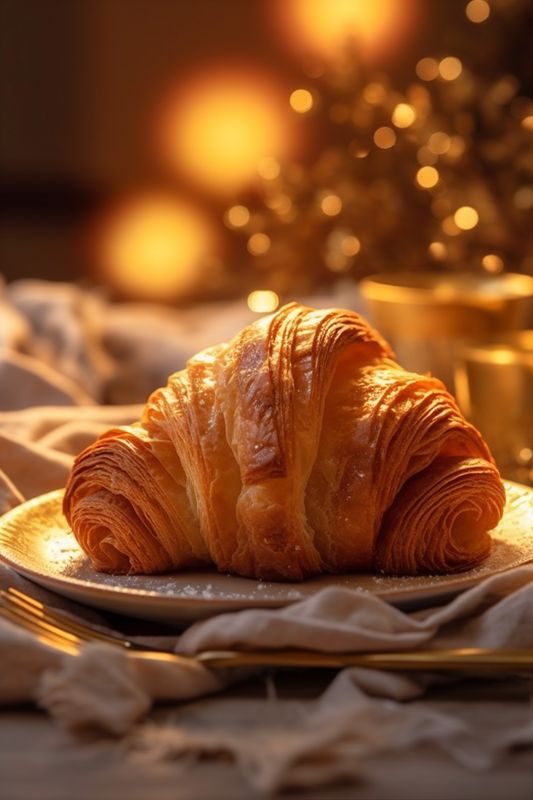 croissant background breakfast background dessert drink bokeh table food cup bakery morning. Generative AI.