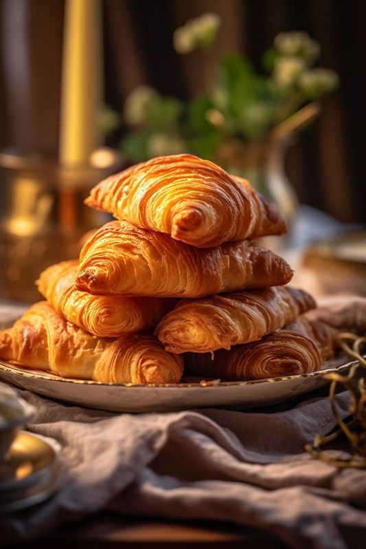 breakfast bokeh morning food cup croissant drink table bakery background bokeh background. Generative AI.