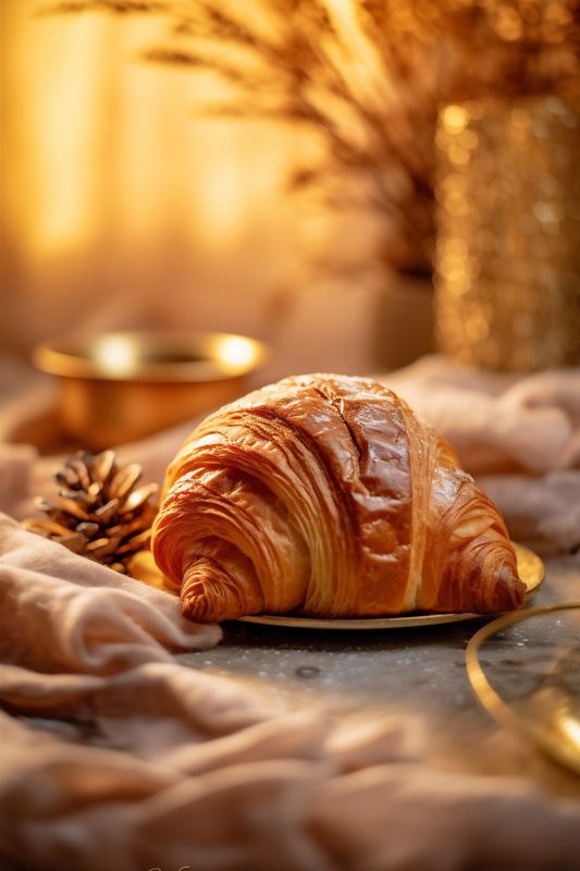 background croissant drink bokeh morning tea breakfast food table background cup bakery. Generative AI.
