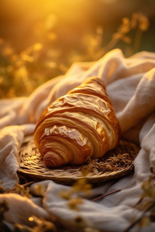 bread food background drink croissant table cup bokeh background morning bakery breakfast. Generative AI.
