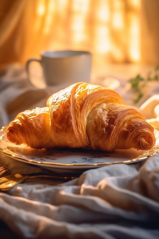 food bokeh background croissant drink breakfast morning cup bakery eatery background table. Generative AI.