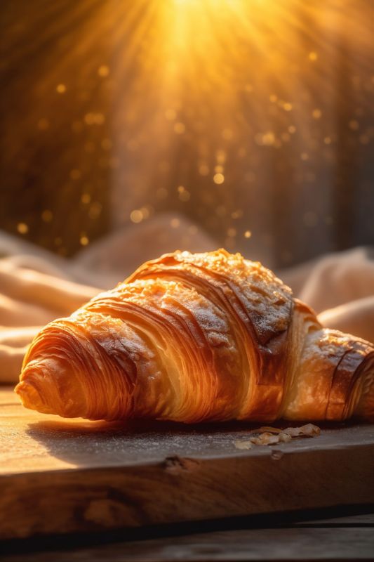 table croissant breakfast dessert food drink background bakery bokeh morning cup background. Generative AI.