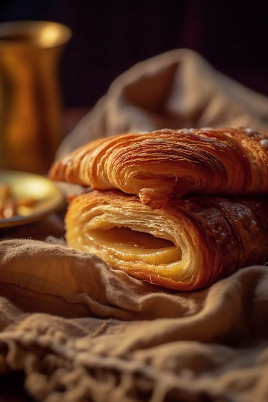 bakery bokeh croissant cup bread food background background breakfast table drink morning. Generative AI.