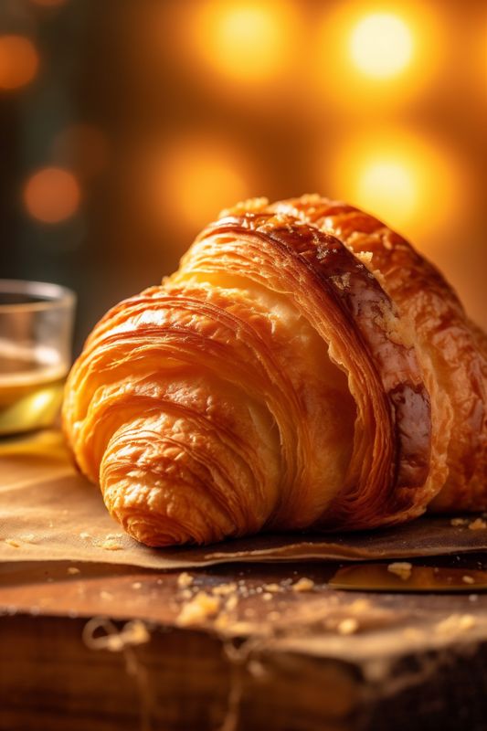 background drink food bakery background closeup morning table breakfast bokeh cup croissant. Generative AI.
