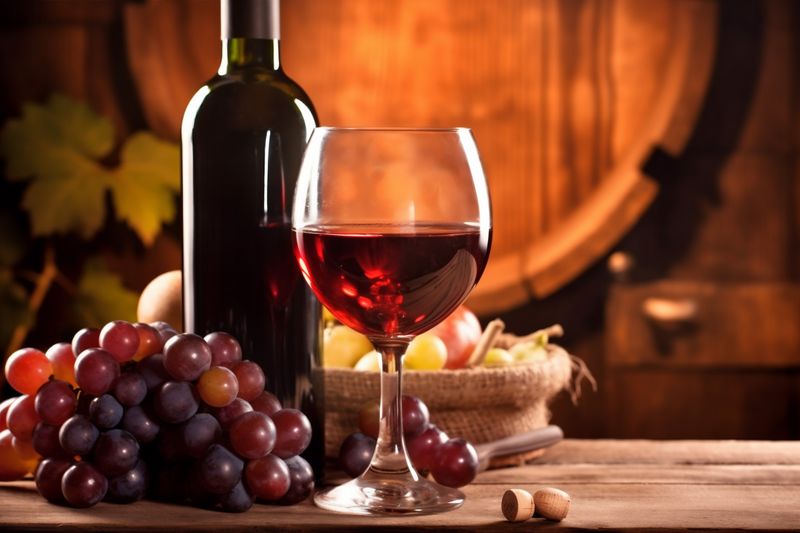 glass cabernet alcohol wine drink background beverage winery food grape bottle. Generative AI.