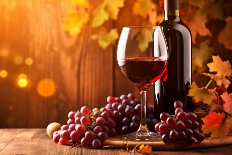 alcohol food drink sunset grape winery wine bottle glass background beverage. Generative AI.