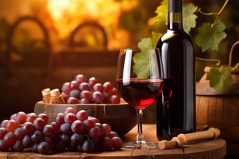 glass drink grape beverage winery bottle food background old wine alcohol. Generative AI.
