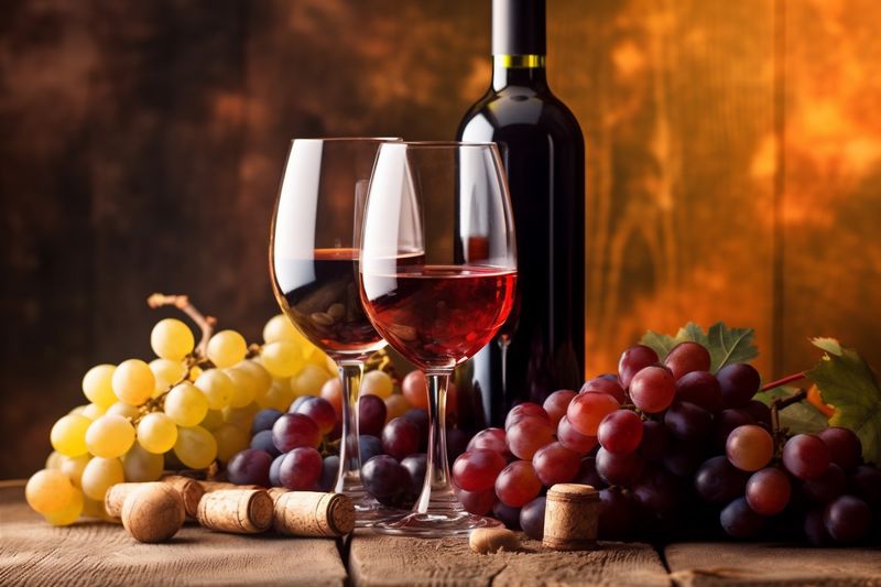 food beverage alcohol background drink wine winery grape cabernet bottle glass. Generative AI.