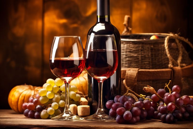 wine bottle food drink glass grape cork beverage winery background alcohol. Generative AI.