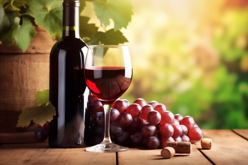 alcohol beverage grape food wine glass bottle background winery drink leaf. Generative AI.