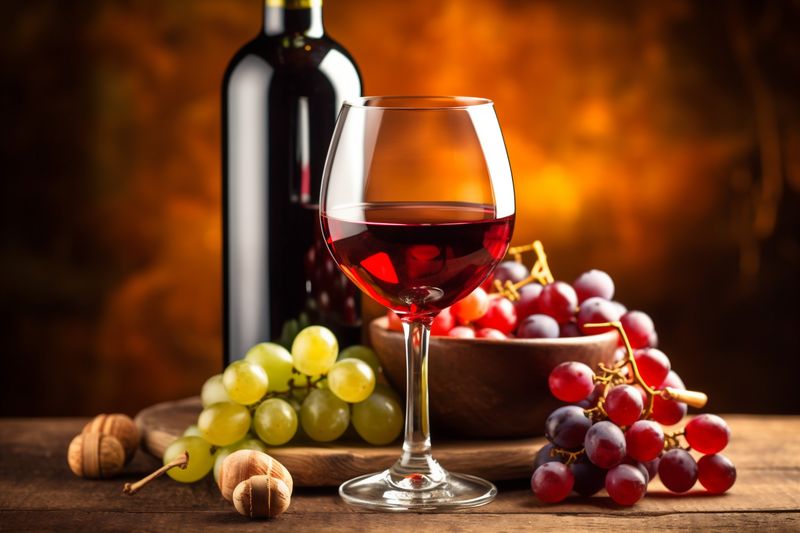 glass drink vintage alcohol wine food grape bottle winery beverage background. Generative AI.
