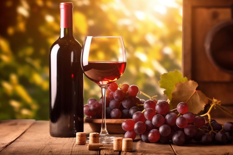 grape winery alcohol food wine bottle beverage bar glass background drink. Generative AI.