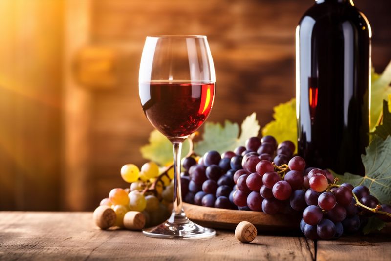 alcohol vine bottle wine food beverage glass winery background grape drink. Generative AI.